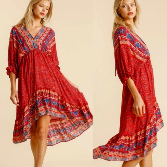 Umgee Dresses & Skirts - Umgee Boho Floral Hi-Low Maxi Dress L Plunging V-Neck V-back Flowy Festival Chic